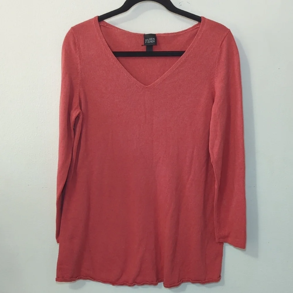 Eileen Fisher Silk Cashmere Sweater Deep Coral Pink Tunic V-neck Women's Size L